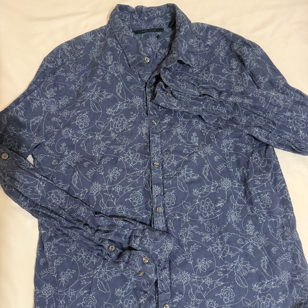 Perry Ellis Mens Large Blue Floral Print Long Sleeve Button Down Shirt‎ L